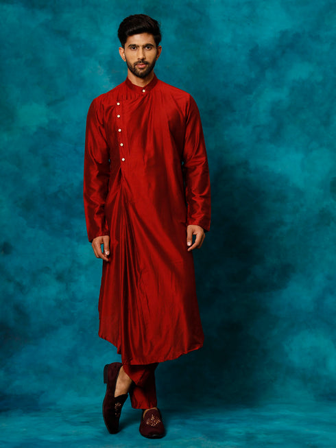 Vastramay Men's Maroon Viscose Blend Kurta Pyjama Set