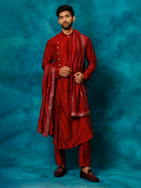 Vastramay Men's Maroon Pleated Kurta Pant With Dupatta Set
