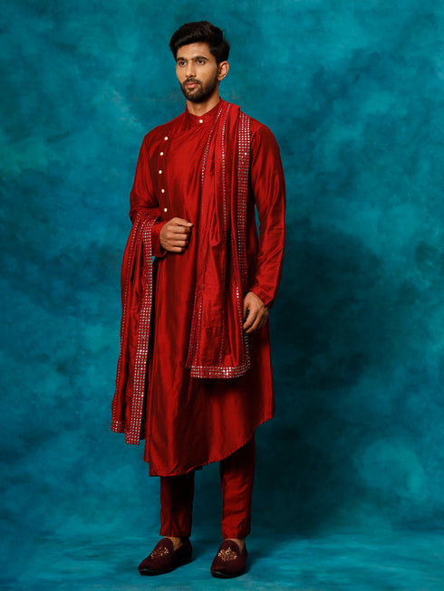 Vastramay Men's Maroon Pleated Kurta Pant With Dupatta Set