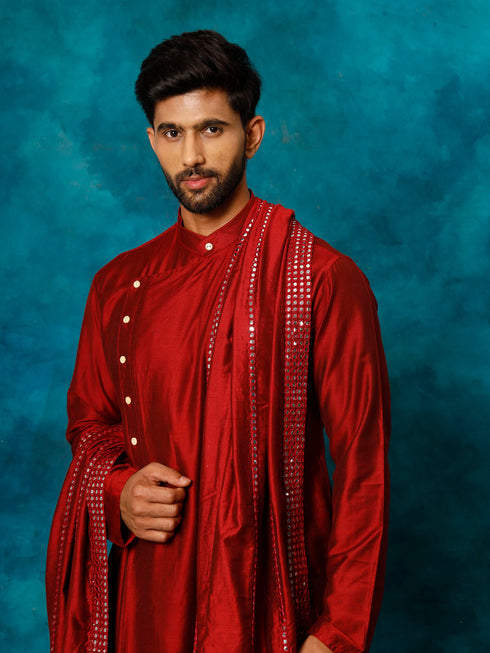 Vastramay Men's Maroon Pleated Kurta Pant With Dupatta Set