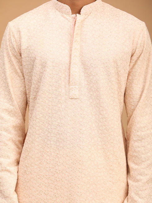 Vastramay Men's Pink Ethnic chikankari Kurta Dhoti set