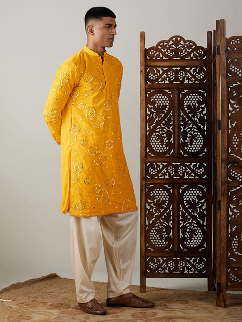 Vastramay Men's Yellow Embroidered Kurta Patiala Set