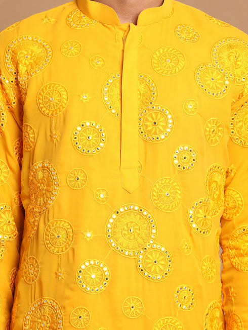 Vastramay Men's Yellow Embroidered Kurta Pyjama Set