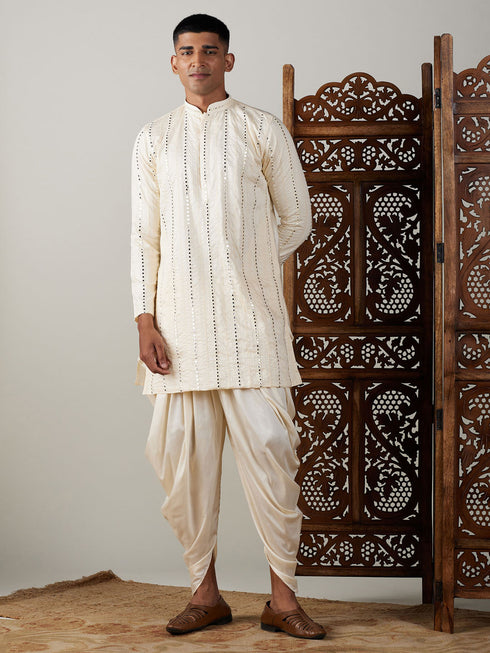Vastramay Men's Cream Mirror Kurta Dhoti Set