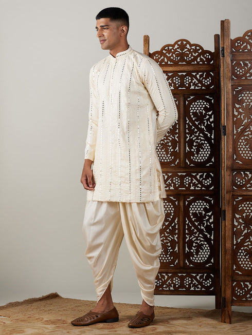 Vastramay Men's Cream Mirror Kurta Dhoti Set