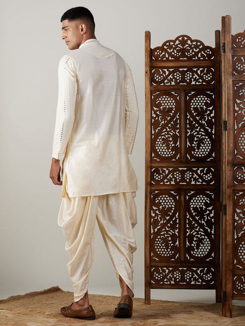 Vastramay Men's Cream Mirror Kurta Dhoti Set