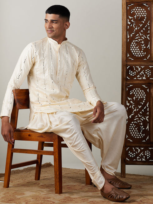 Vastramay Men's Cream Mirror Kurta Dhoti Set