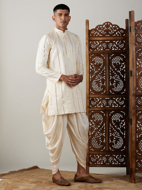 Vastramay Men's Cream Mirror Kurta Dhoti Set