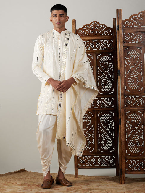 Vastramay Men's Cream Mirror Kurta Dhoti And Dupatta Set