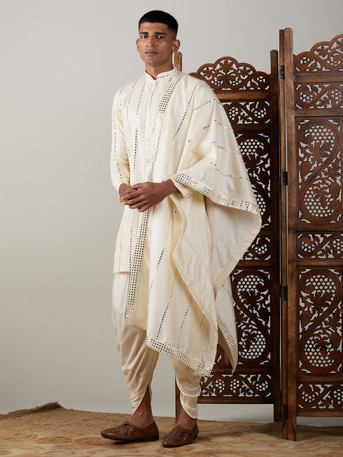 Vastramay Men's Cream Mirror Kurta Dhoti And Dupatta Set