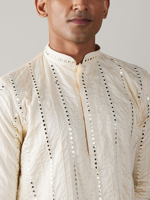Vastramay Men's Cream Mirror Kurta Dhoti And Dupatta Set