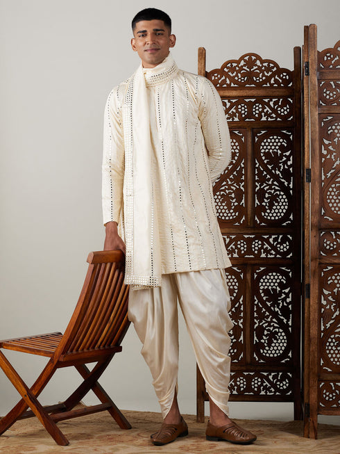 Vastramay Men's Cream Mirror Kurta Dhoti And Dupatta Set