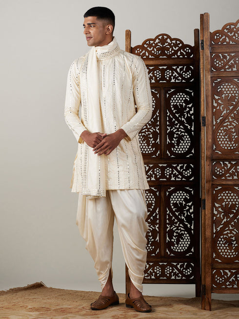 Vastramay Men's Cream Mirror Kurta Dhoti And Dupatta Set