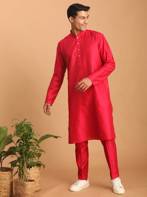 Vastramay Men's Valentino Pink Viscose Kurta Pant Set