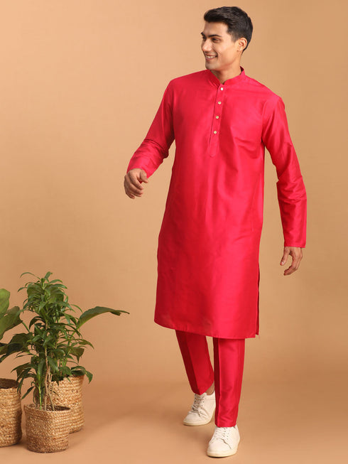 Vastramay Men's Valentino Pink Viscose Kurta Pant Set