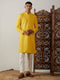 Vastramay Men's Yellow Embroidery Worked Georgette Kurta With Pant Style Pyjama Set