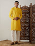 Vastramay Men's Yellow Embroidery Worked Georgette Kurta With Pant Style Pyjama Set