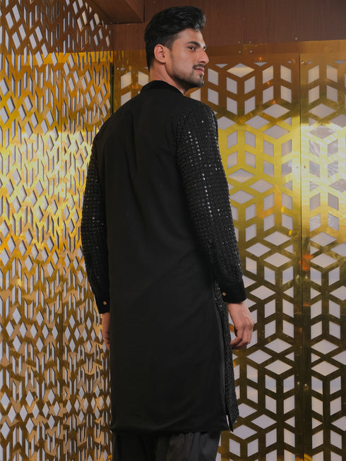 Vastramay Men's Black Mirror Georgette Kurta