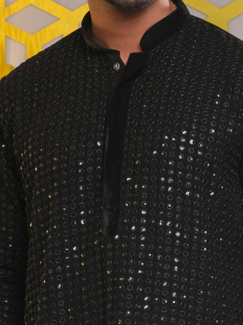 Vastramay Men's Black Mirror Georgette Kurta