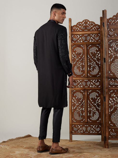 Vastramay Men's Black Mirror Georgette Kurta Pant Set