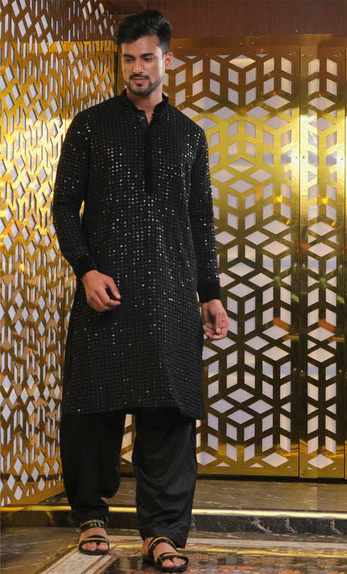 Vastramay Men's Black Mirror Georgette Kurta With Patiala Set