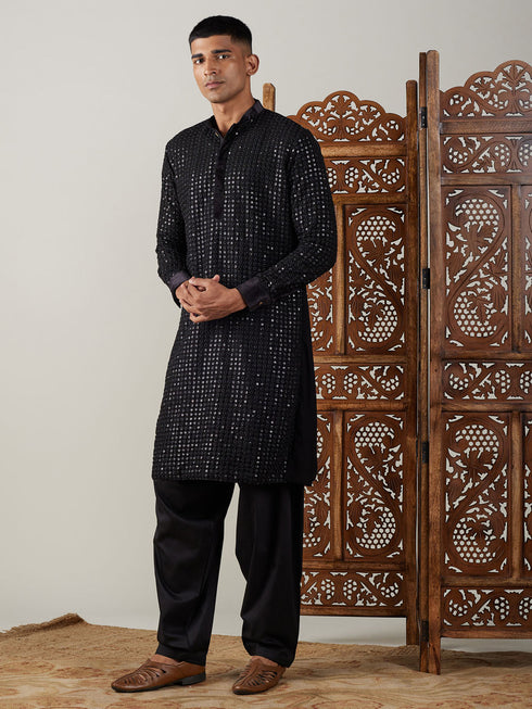Vastramay Men's Black Mirror Georgette Kurta With Patiala Set