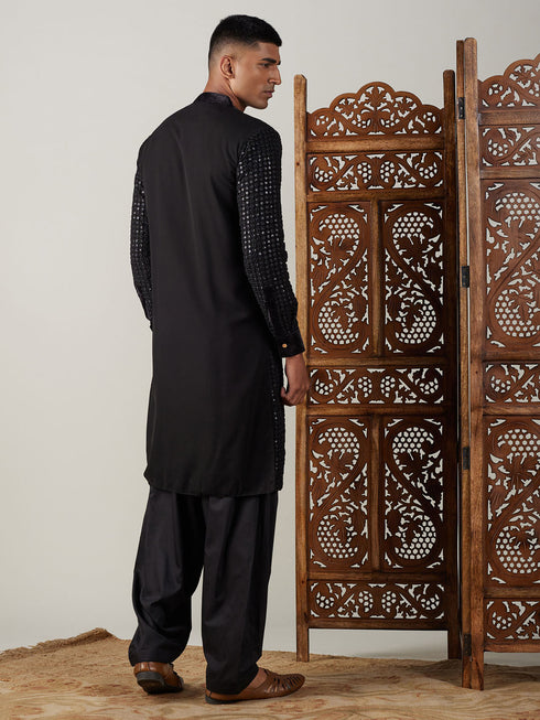 Vastramay Men's Black Mirror Georgette Kurta With Patiala Set