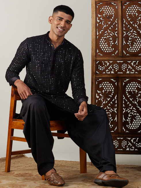 Vastramay Men's Black Mirror Georgette Kurta With Patiala Set