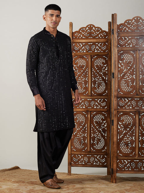 Vastramay Men's Black Mirror Georgette Kurta With Patiala Set