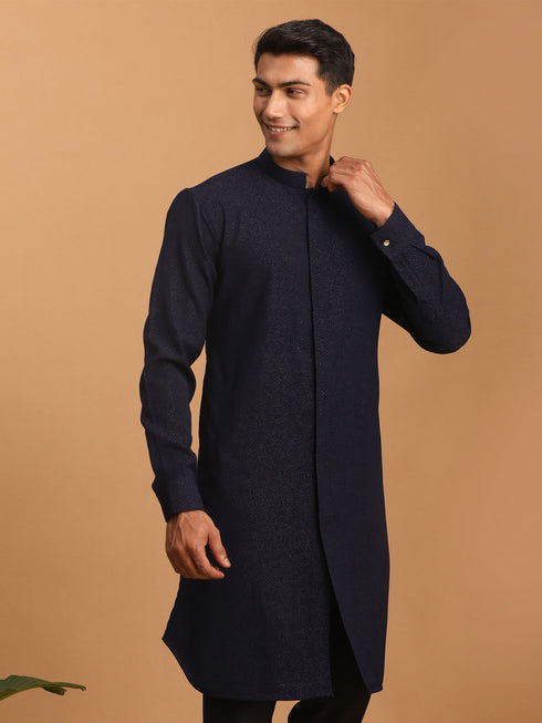Vastramay Men's Navy Blue Glitter Printed fancy Kurta