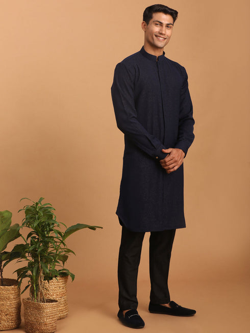 Vastramay Men's Navy Blue Glitter Printed fancy Kurta