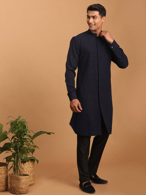 Vastramay Men's Navy Blue Printed Kurta Pant Set