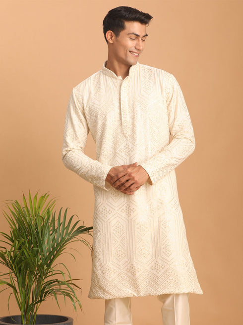Vastramay Men's Cream Golden Sequin Embroidered Kurta