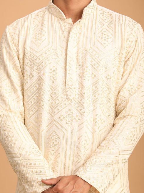 Vastramay Men's Cream Golden Sequin Embroidered Kurta