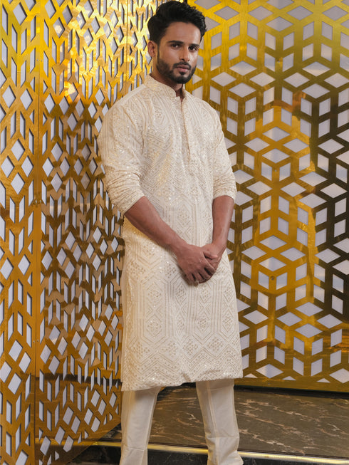 Vastramay Men's Cream Golden Sequin Embroidered Kurta And Cream Pant Set