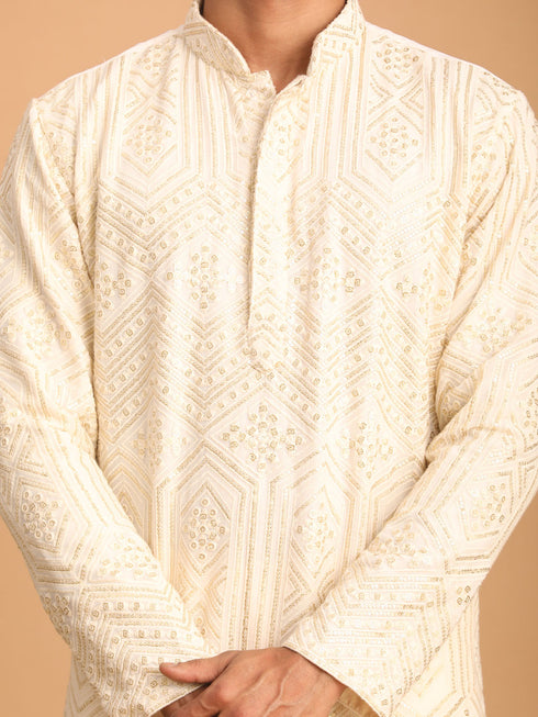 Vastramay Men's Cream Golden Sequin Embroidered Kurta And Cream Pant Set
