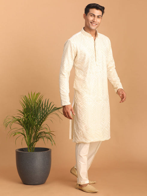 Vastramay Men's Cream Golden Sequin Embroidered Kurta And Cream Pant Set