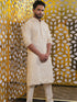 Vastramay Men's Cream Golden Sequin Embroidered Kurta And Cream Pant Set