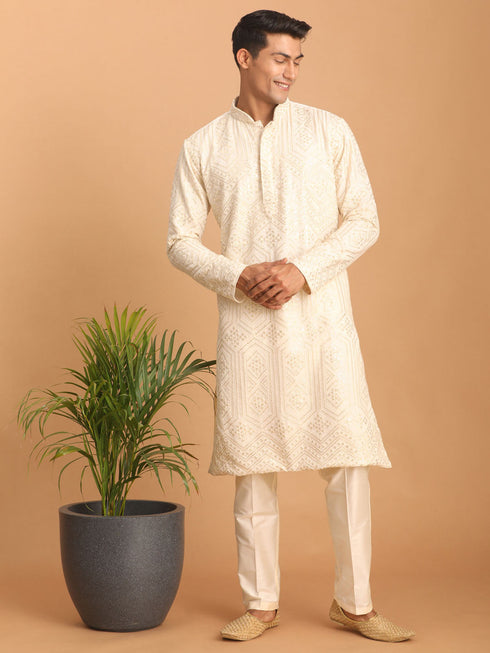Vastramay Men's Cream Golden Sequin Embroidered Kurta And Cream Pant Set