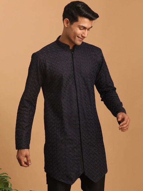 Vastramay Men's Navy Blue Silk Blend Self Design Kurta