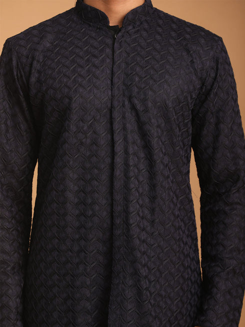 Vastramay Men's Navy Blue Silk Blend Self Design Kurta