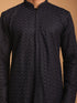 Vastramay Men's Navy Blue Silk Blend Self Design Kurta