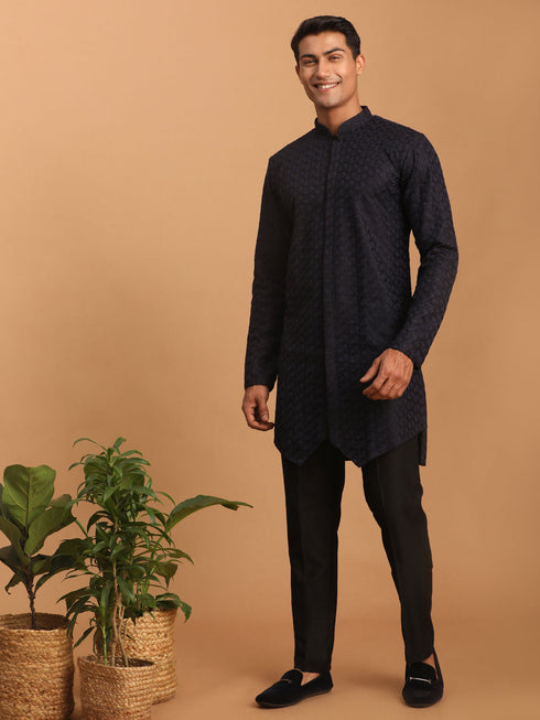 Vastramay Men's Navy Blue Kurta Pant Set