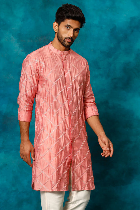SHRESTHA BY VASTRAMAY Men's Onion Pink Embellished Kurta