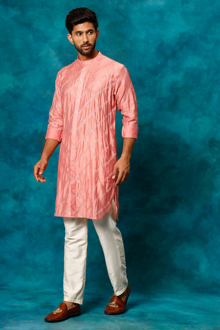 SHRESTHA BY VASTRAMAY Men's Onion Pink Chanderi Cotton Embellished Kurta Pant Set