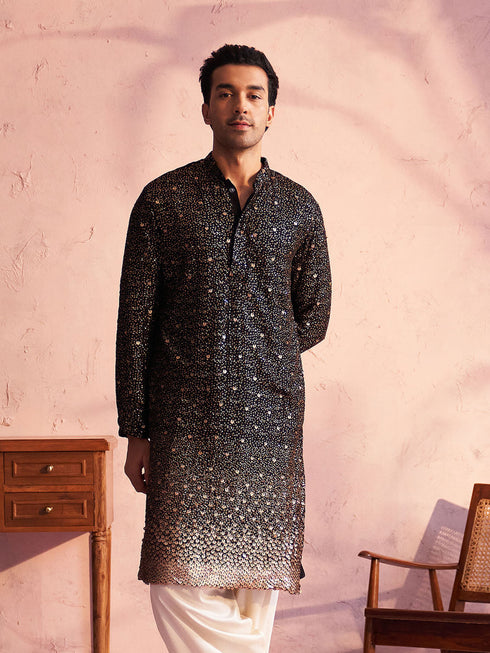 Vastramay Men's Black Georgette Zari With Sequins Worked Kurta