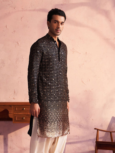 Vastramay Men's Black Georgette Zari With Sequins Worked Kurta