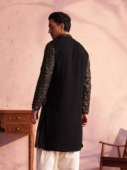 Vastramay Men's Black Georgette Zari With Sequins Worked Kurta
