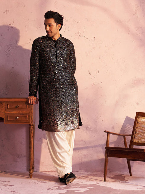Vastramay Men's Black Georgette Zari With Sequins Worked Kurta