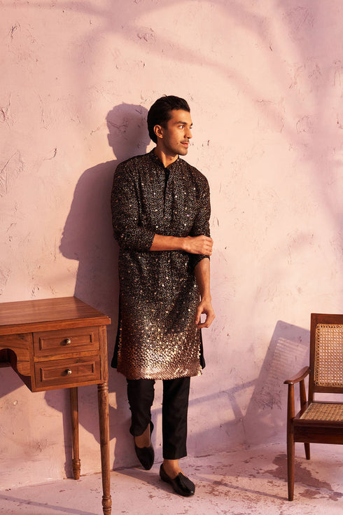 SHRESTHA By VASTRAMAY Men's Black Georgette Zari With Sequins Worked Kurta pant Set